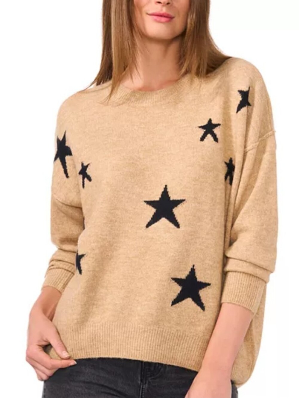 Vince Camuto Star Pattern Crewneck Sweater - Beige/Camel/Tan